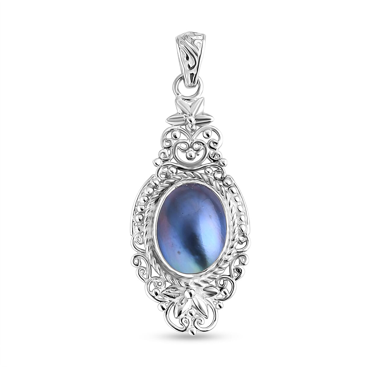 Royal Bali Collection Blue Mabe Pearl Pendant Sterling Silver 5.58 Ct, Silver Wt. 6.03 Gms.
