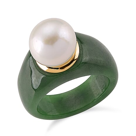 AAA Edison Pearl (12 mm) and Green Jade Ring in 18K Vermeil Yellow Gold Plated Sterling Silver 33.58 Ct.