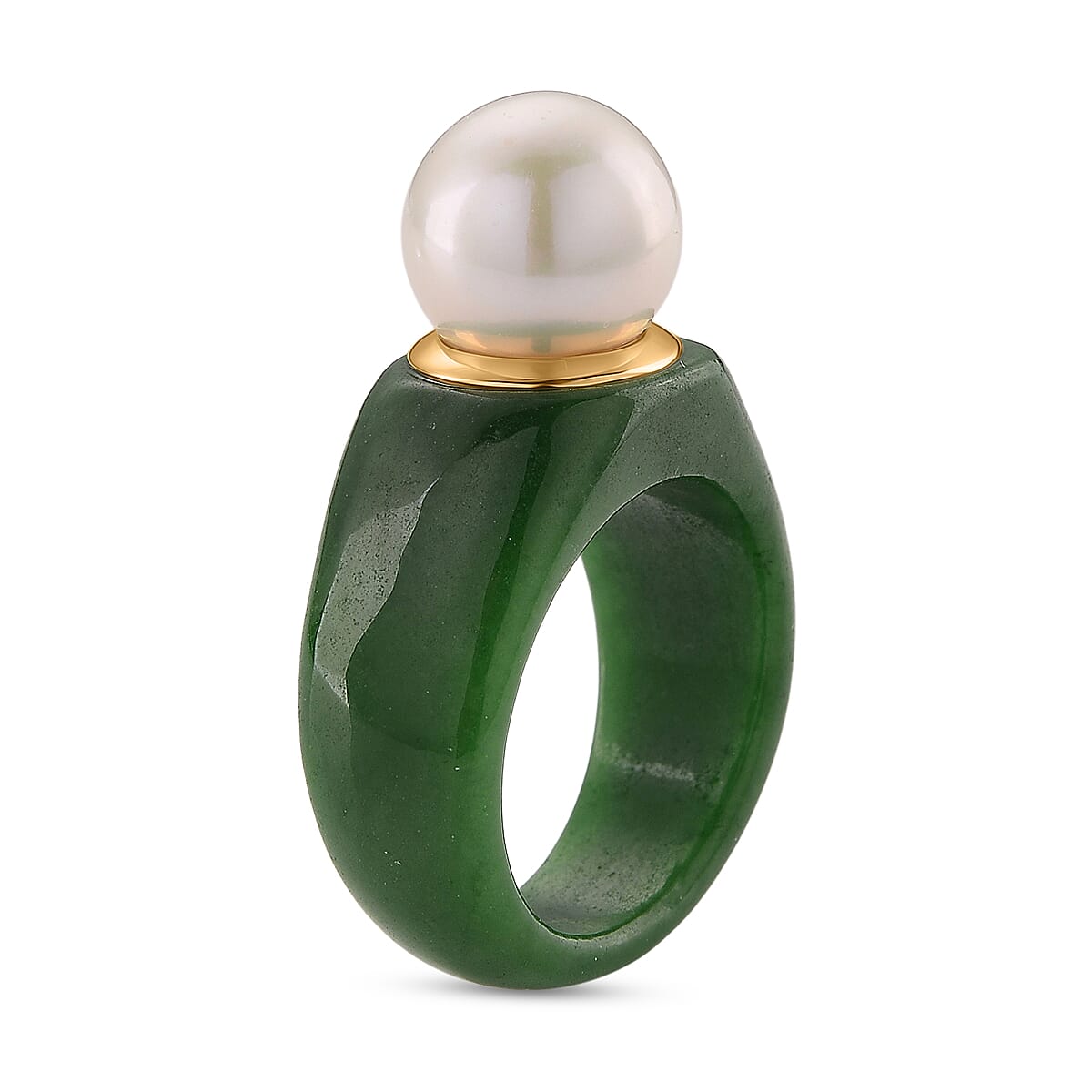 AAA Edison Pearl (12 mm) and Green Jade Ring in 18K Vermeil Yellow Gold Plated Sterling Silver 33.58 Ct.