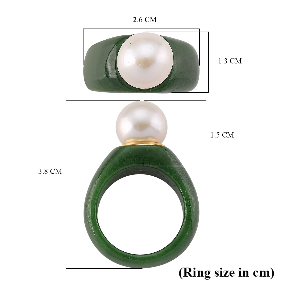 AAA Edison Pearl (12 mm) and Green Jade Ring in 18K Vermeil Yellow Gold Plated Sterling Silver 33.58 Ct.