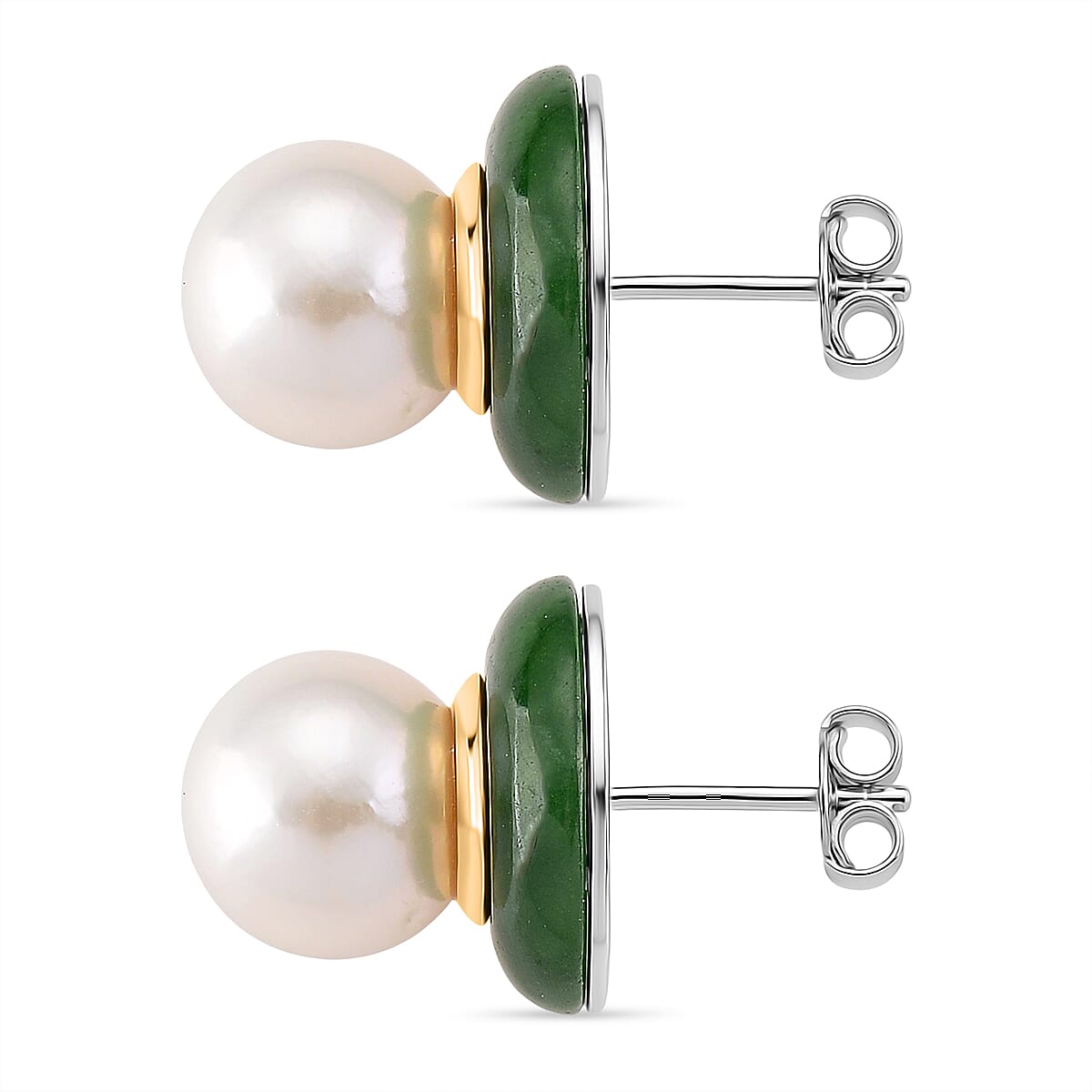 AAA Edison Pearl (11 mm) and Green Jade Earrings  in 18K Vermeil Yellow Gold Plated Sterling Silver