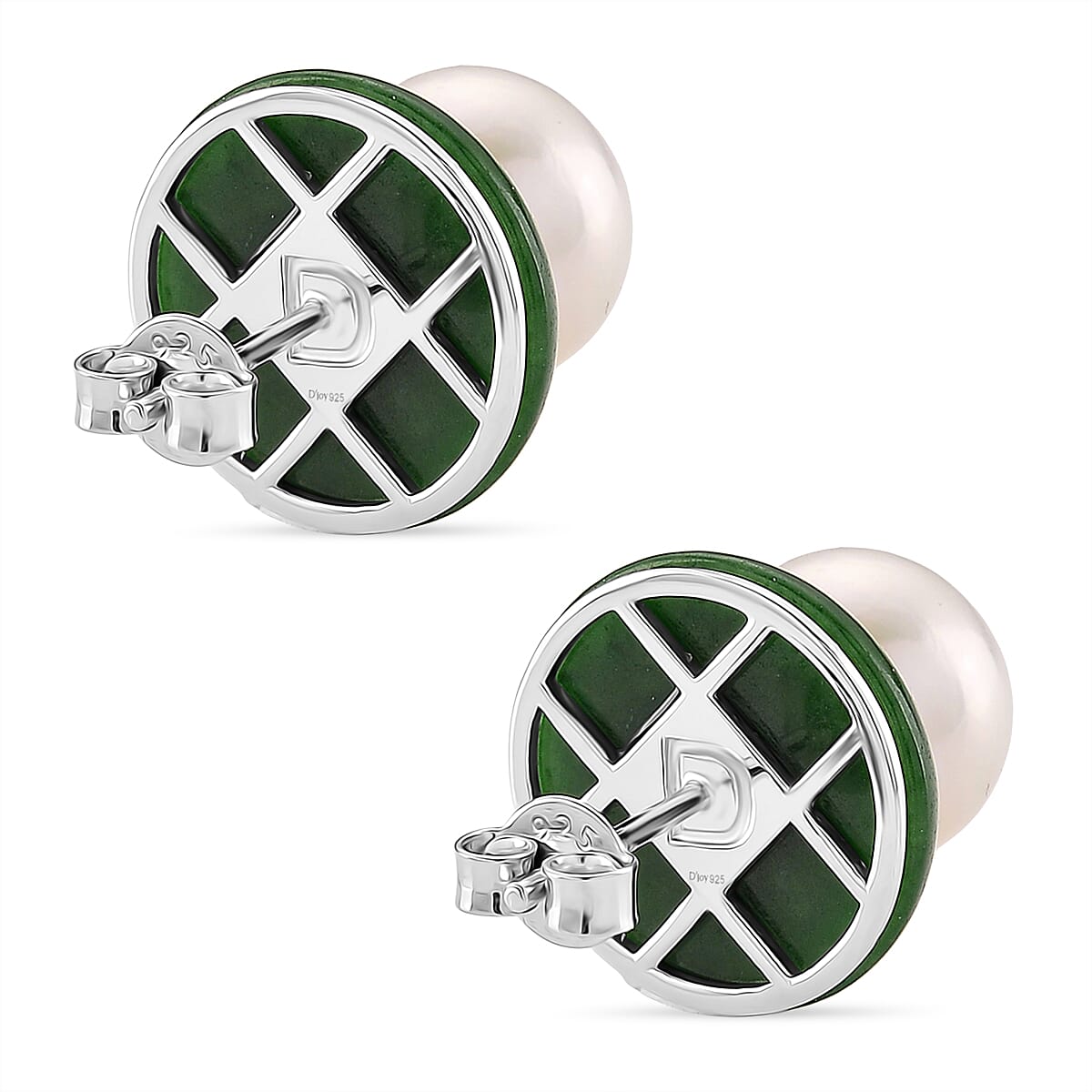 AAA Edison Pearl (11 mm) and Green Jade Earrings  in 18K Vermeil Yellow Gold Plated Sterling Silver