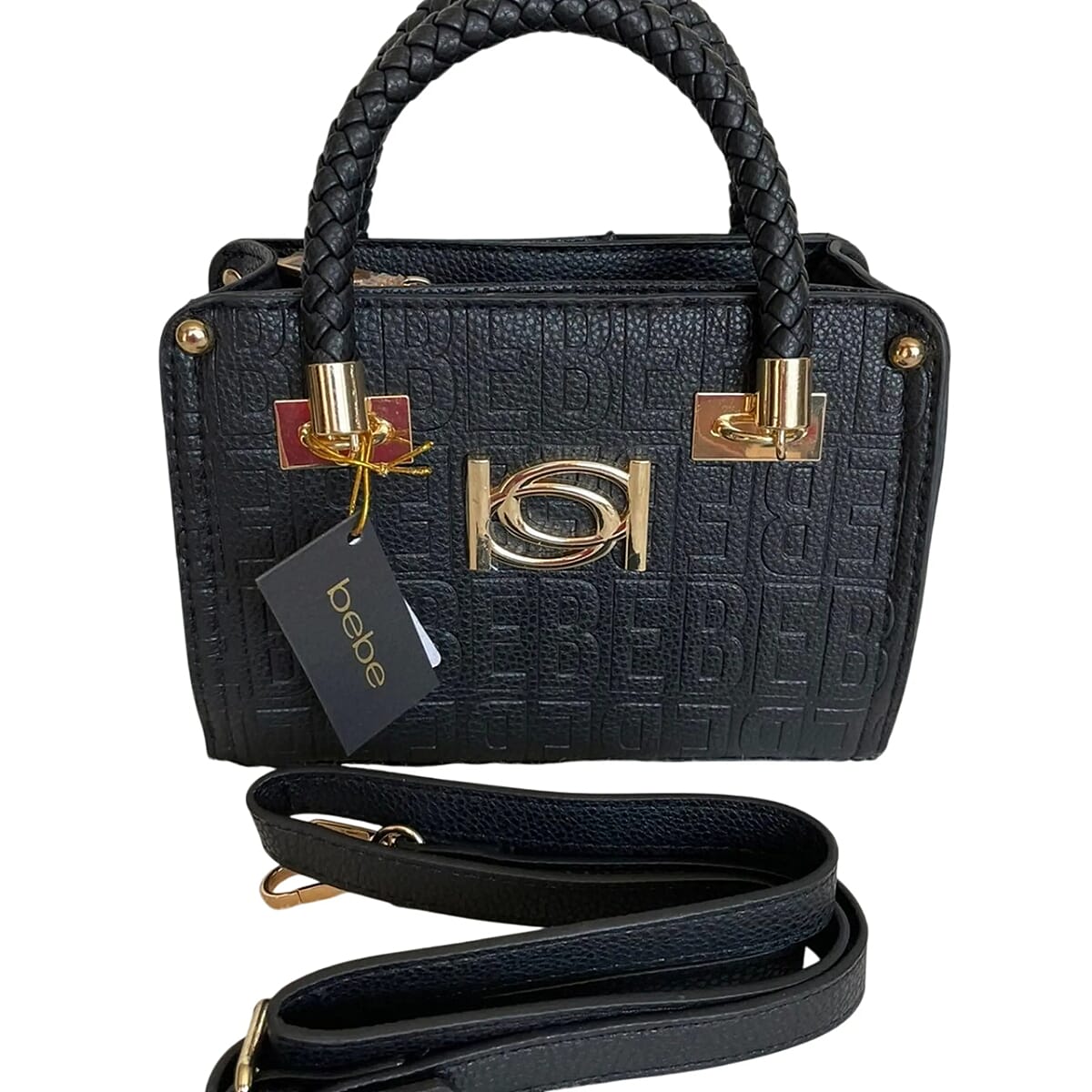 BEBE Alexandra Small Embossed Satchel with Gold Toned Bebe Hardware and Braided Handles - Black