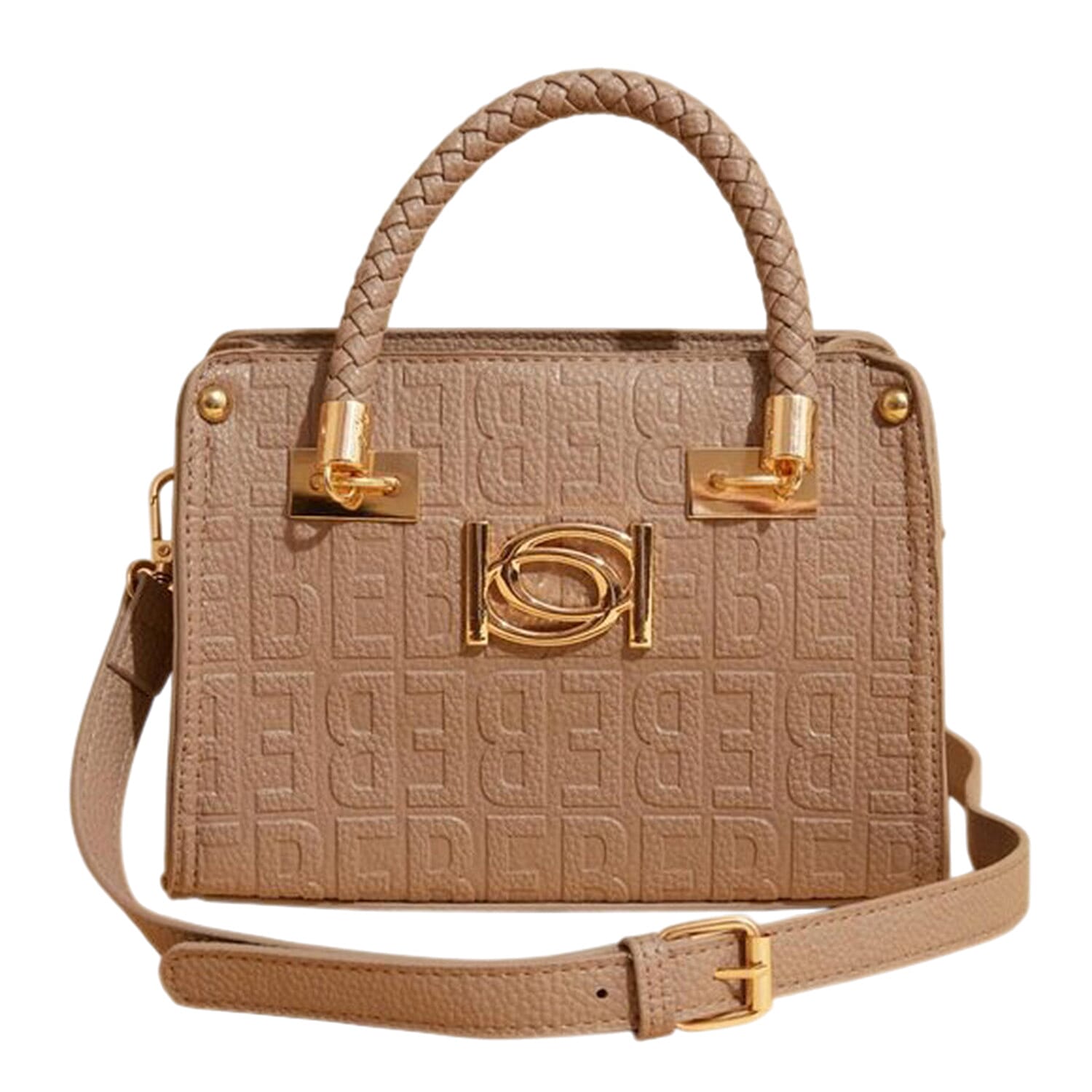 BEBE Alexandra Small Embossed Satchel with Gold Toned Bebe Hardware and Braided Handles - Blush