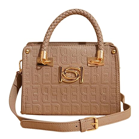 BEBE Alexandra Small Embossed Satchel with Gold Toned Bebe Hardware and Braided Handles - Blush
