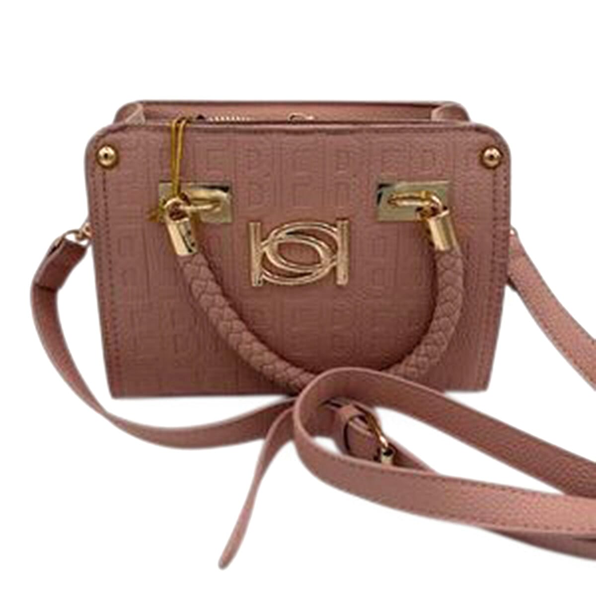 BEBE Alexandra Small Embossed Satchel with Gold Toned Bebe Hardware and Braided Handles - Blush