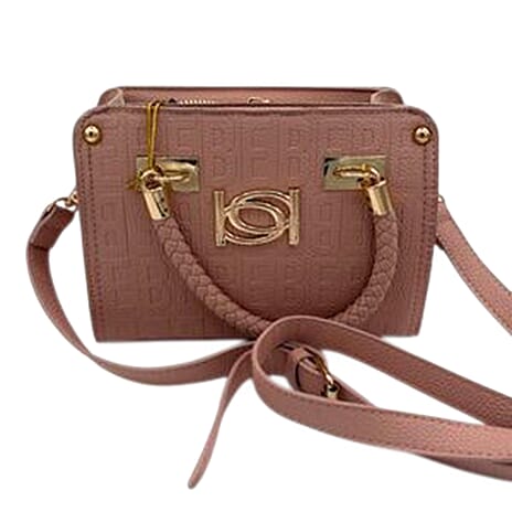 BEBE Alexandra Small Embossed Satchel with Gold Toned Bebe Hardware and Braided Handles - Blush