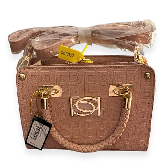 BEBE Alexandra Small Embossed Satchel with Gold Toned Bebe Hardware and Braided Handles - Blush