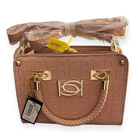 BEBE Alexandra Small Embossed Satchel with Gold Toned Bebe Hardware and Braided Handles - Blush