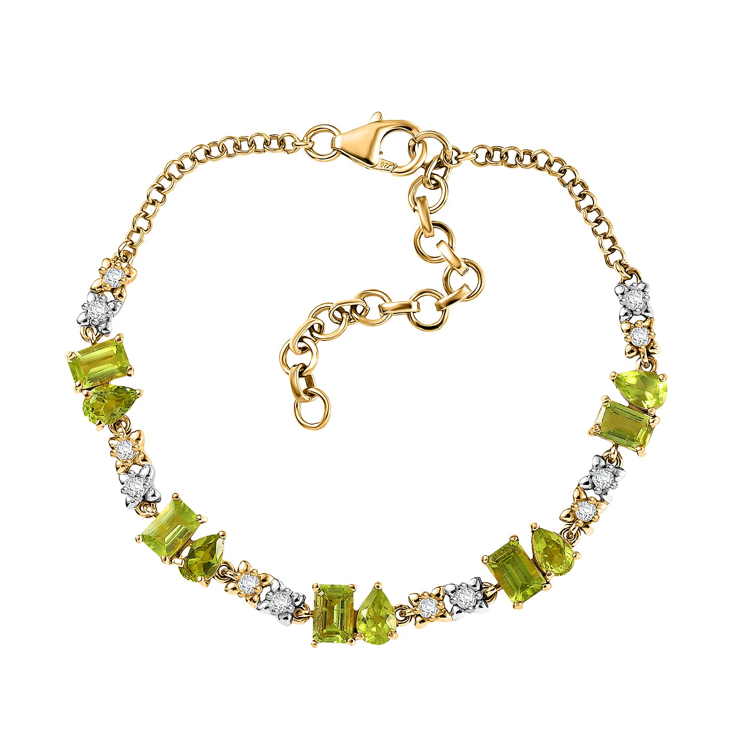 D'joy White Zircon & Natural Hebei Peridot Vine Bracelet 1 Row (Size - 7 - 2 Ext) with Lobster Clasp in Yellow Gold Plating Sterling Silver 5.84 Ct.