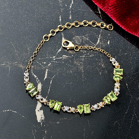 D'joy White Zircon & Natural Hebei Peridot Vine Bracelet 1 Row (Size - 7 - 2 Ext) with Lobster Clasp in Yellow Gold Plating Sterling Silver 5.84 Ct.