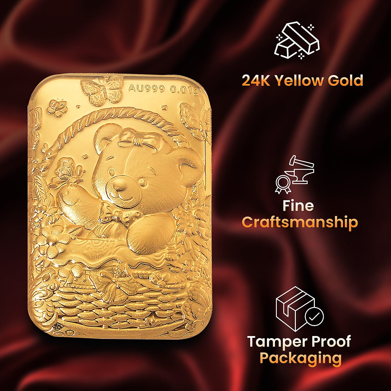 24K Yellow Gold (99.99% Purity) Teddy Bear Embossment Gold