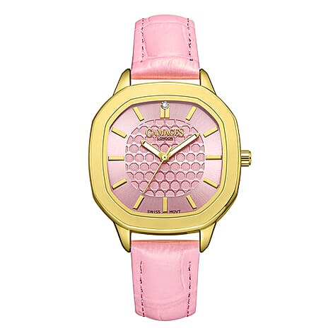 GAMAGES OF LONDON LIMITED EDITION Charlotte Diamond Watch With Swiss Movement & Pink Genuine Leather Strap - 5 Year Warranty