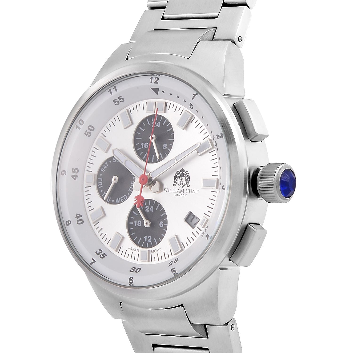 WILLIAM HUNT Multifunctional Quartz Miyota JP15 5ATM WR White Sunray Dial & Silver Case Mens Watch with Silver Stainless Steel Strap