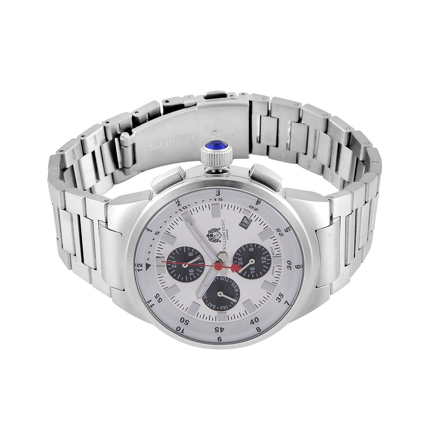 WILLIAM HUNT Multifunctional Quartz Miyota JP15 5ATM WR White Sunray Dial & Silver Case Mens Watch with Silver Stainless Steel Strap