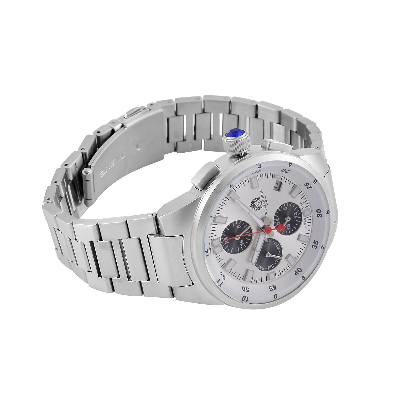 WILLIAM HUNT Multifunctional Quartz Miyota JP15 5ATM WR White Sunray Dial & Silver Case Mens Watch with Silver Stainless Steel Strap