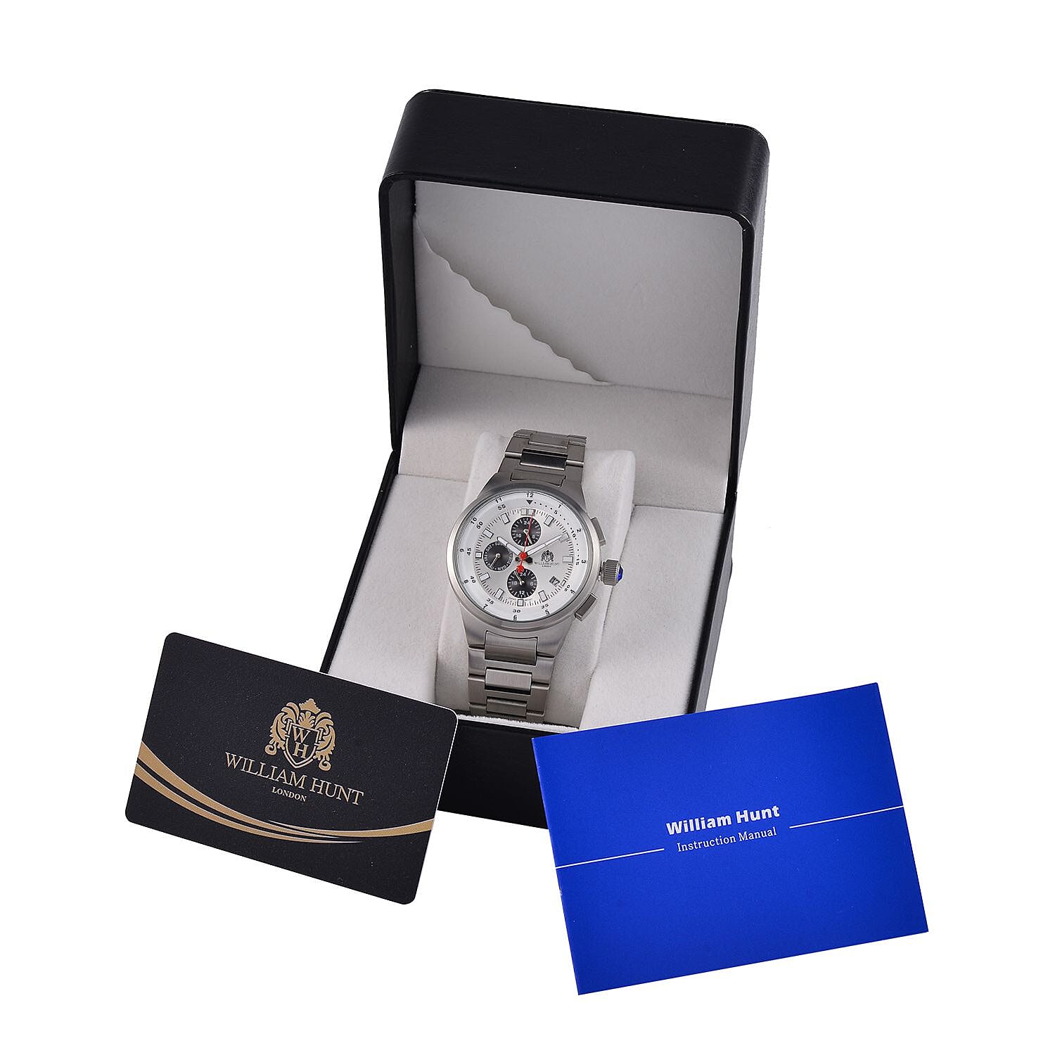 WILLIAM HUNT Multifunctional Quartz Miyota JP15 5ATM WR White Sunray Dial & Silver Case Mens Watch with Silver Stainless Steel Strap