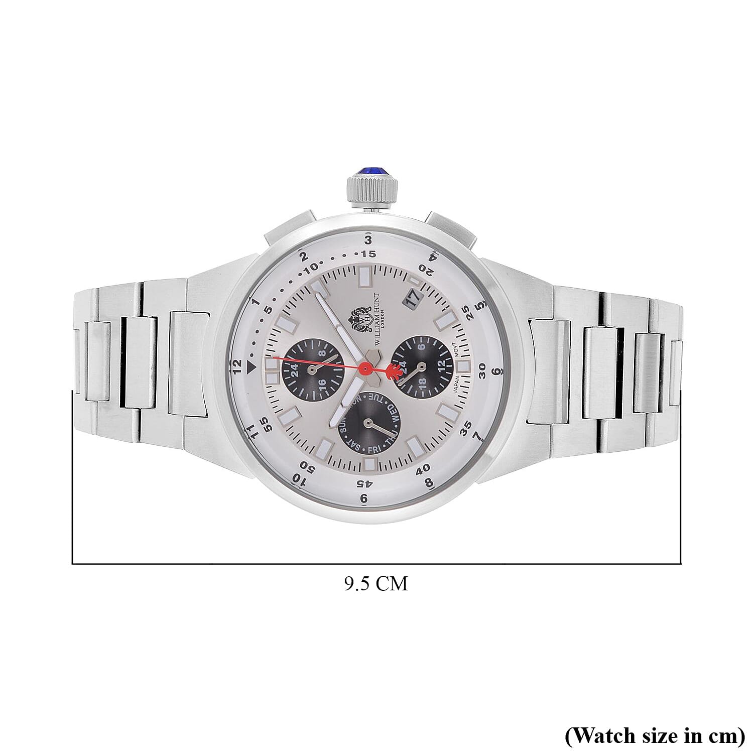 WILLIAM HUNT Multifunctional Quartz Miyota JP15 5ATM WR White Sunray Dial & Silver Case Mens Watch with Silver Stainless Steel Strap