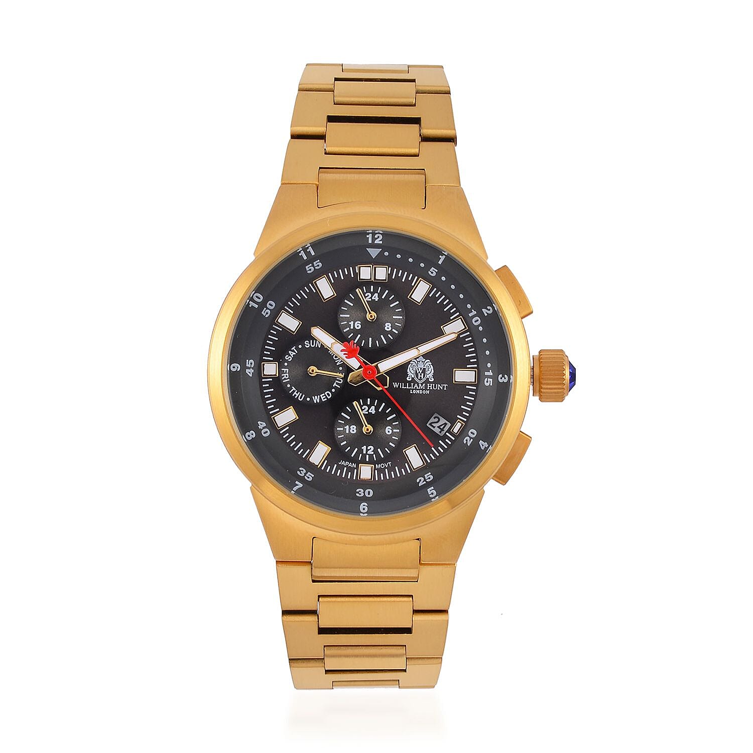 WILLIAM HUNT Multifunctional Quartz Miyota JP15 5ATM WR Grey Sunray Dial & Gold Case Mens Watch with Gold Stainless Steel Strap