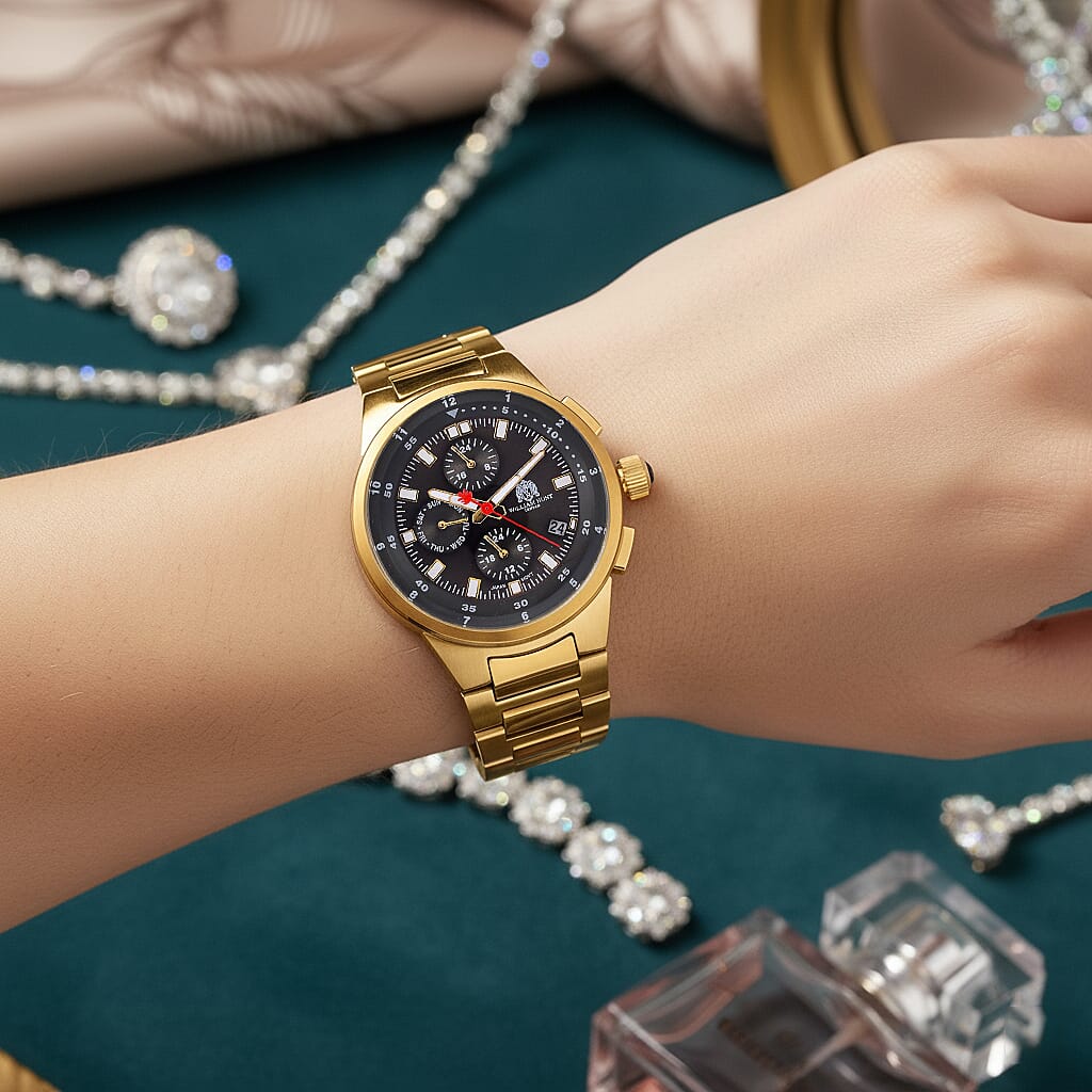 WILLIAM HUNT Multifunctional Quartz Miyota JP15 5ATM WR Grey Sunray Dial & Gold Case Mens Watch with Gold Stainless Steel Strap