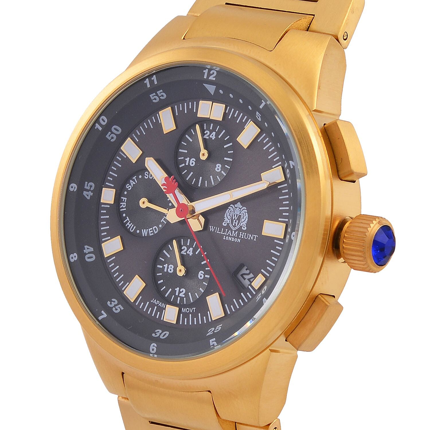 WILLIAM HUNT Multifunctional Quartz Miyota JP15 5ATM WR Grey Sunray Dial & Gold Case Mens Watch with Gold Stainless Steel Strap