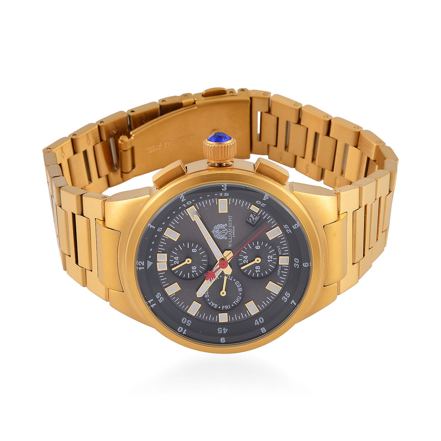 WILLIAM HUNT Multifunctional Quartz Miyota JP15 5ATM WR Grey Sunray Dial & Gold Case Mens Watch with Gold Stainless Steel Strap