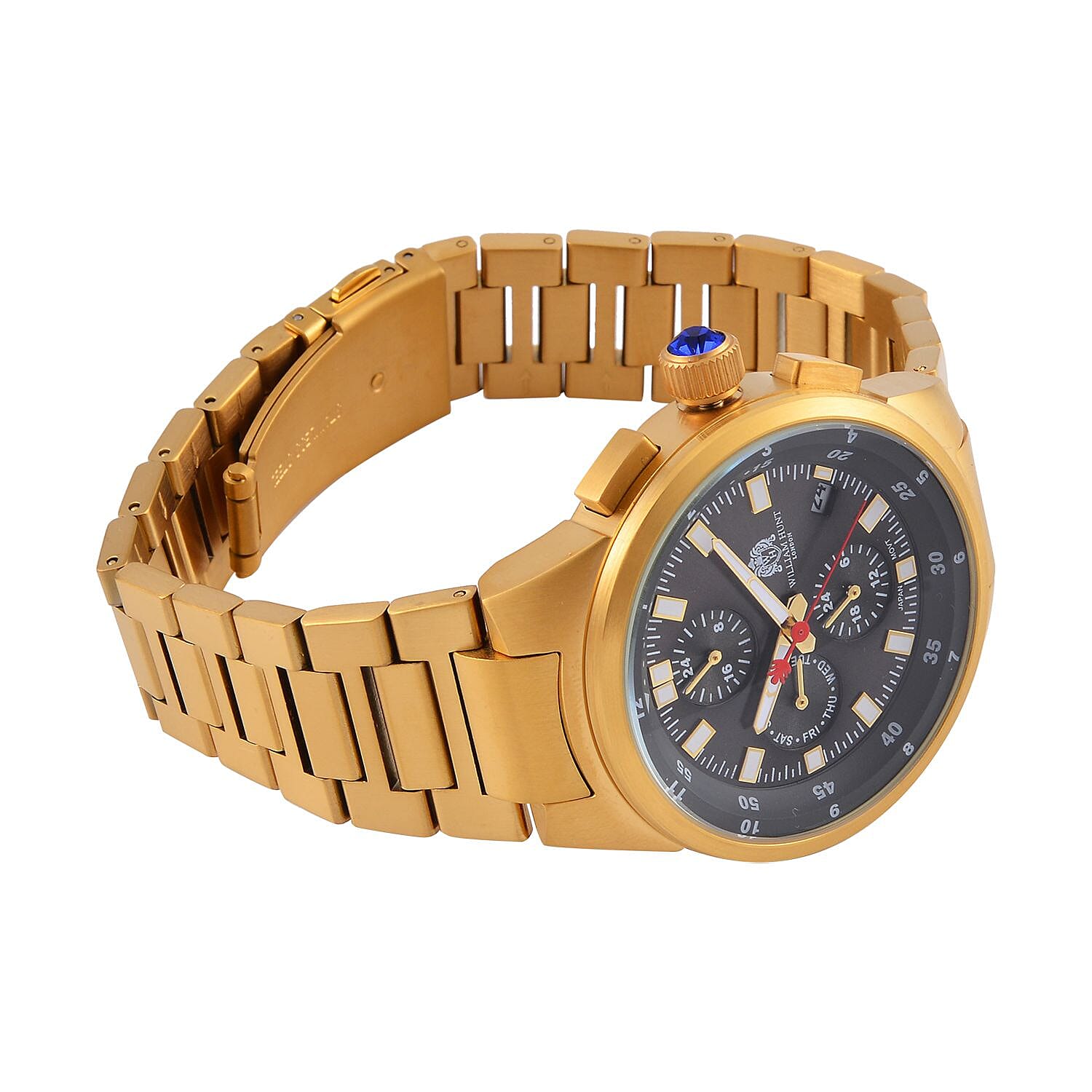 WILLIAM HUNT Multifunctional Quartz Miyota JP15 5ATM WR Grey Sunray Dial & Gold Case Mens Watch with Gold Stainless Steel Strap