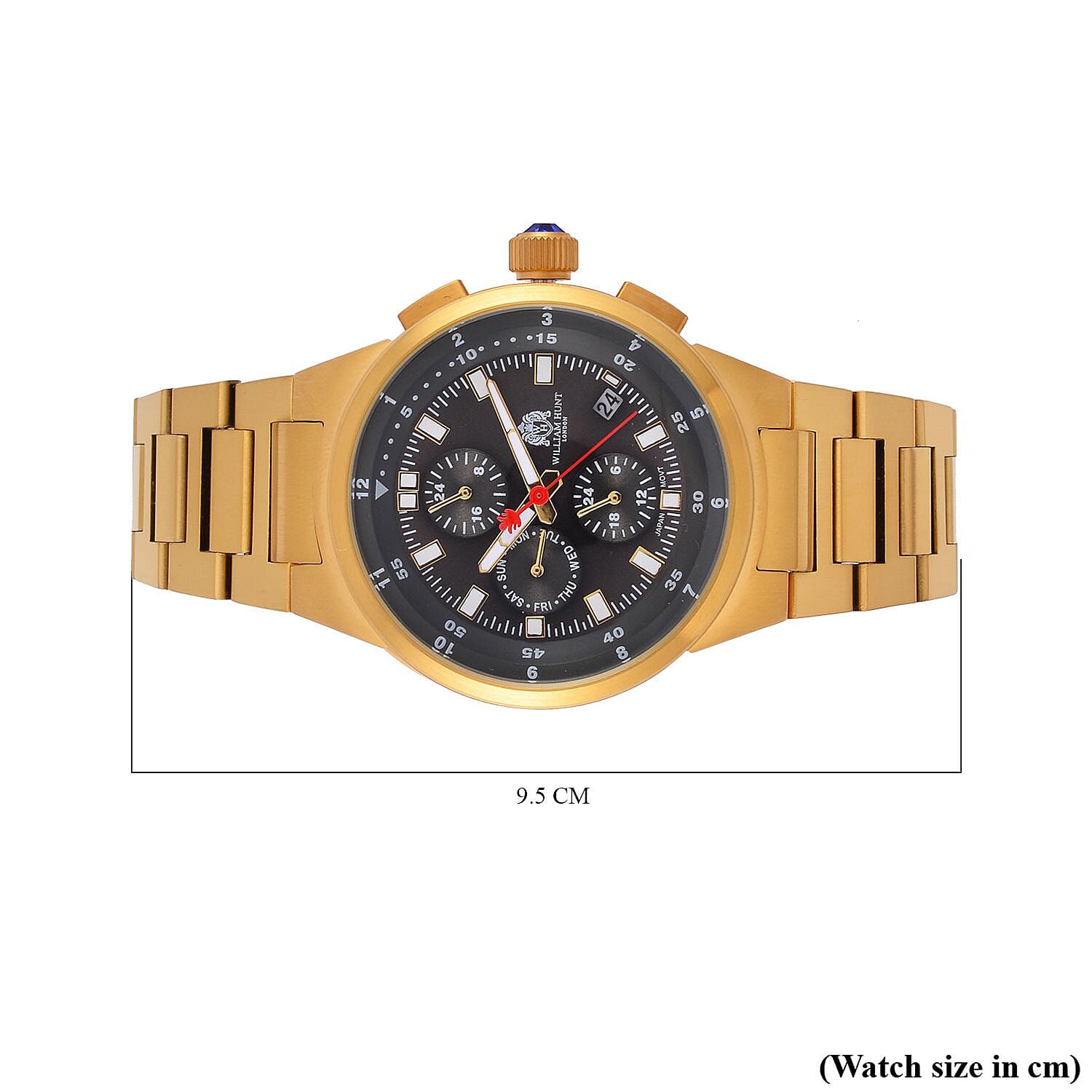 WILLIAM HUNT Multifunctional Quartz Miyota JP15 5ATM WR Grey Sunray Dial & Gold Case Mens Watch with Gold Stainless Steel Strap