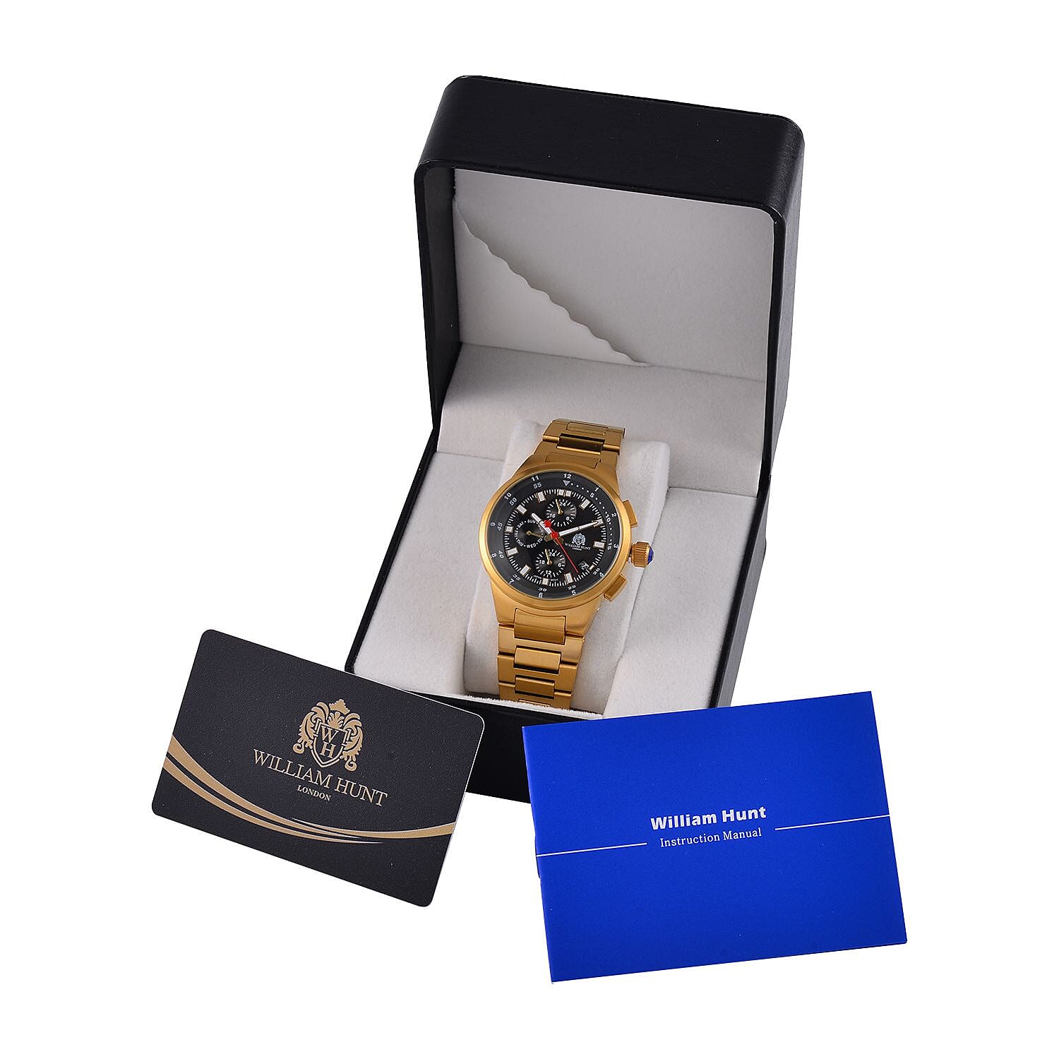 WILLIAM HUNT Multifunctional Quartz Miyota JP15 5ATM WR Grey Sunray Dial & Gold Case Mens Watch with Gold Stainless Steel Strap