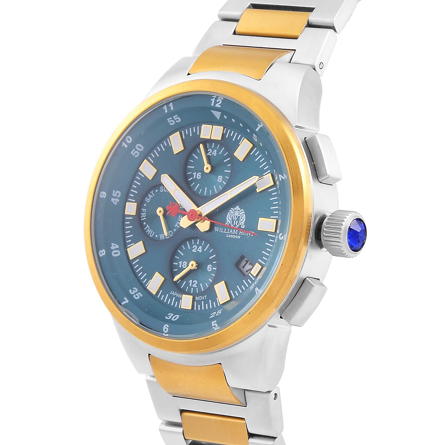 WILLIAM HUNT Multifunctional Quartz Miyota JP15 5ATM WR Teal Sunray Dial & Two-Tone Case Mens Watch with Two-Tone Stainless Steel Strap