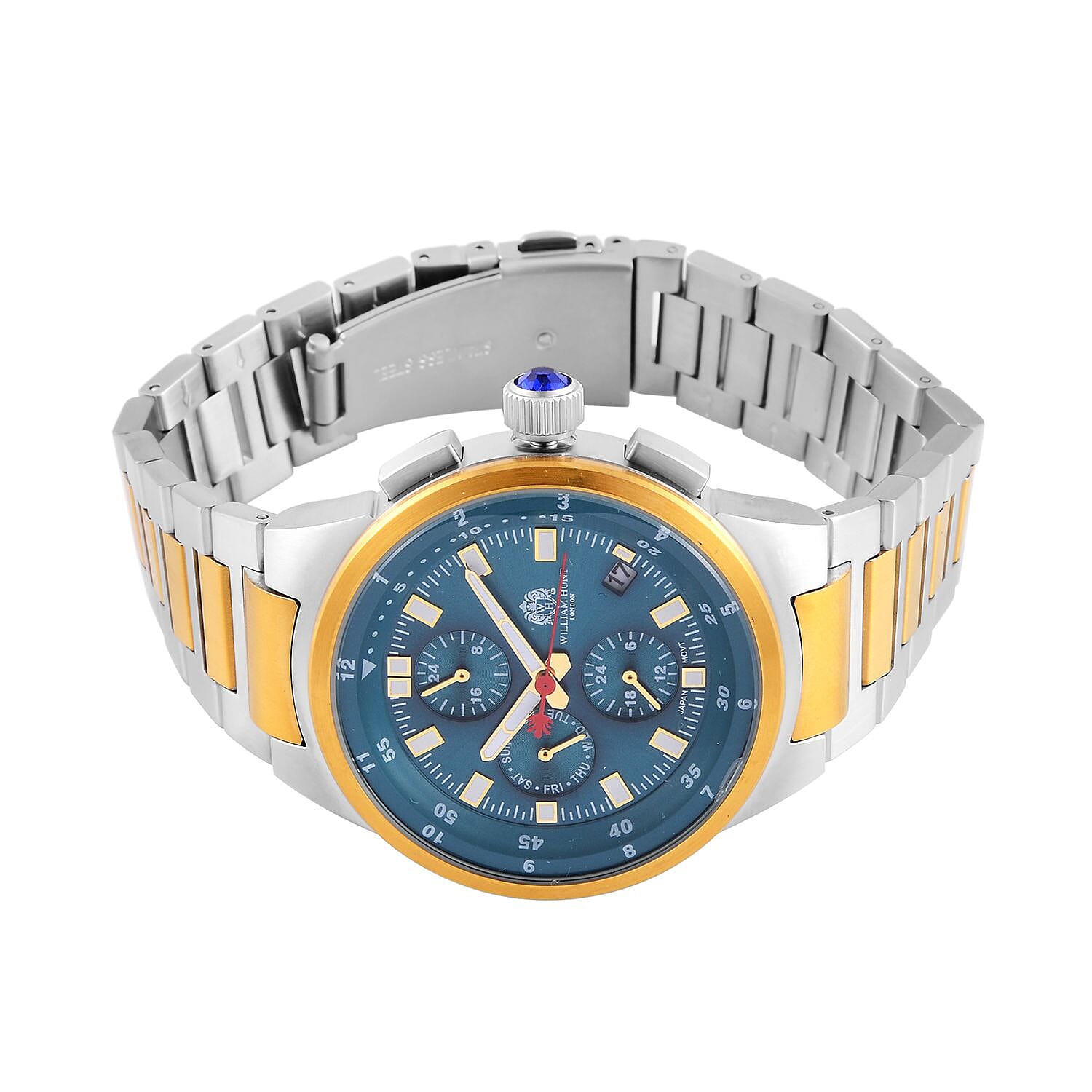 WILLIAM HUNT Multifunctional Quartz Miyota JP15 5ATM WR Teal Sunray Dial & Two-Tone Case Mens Watch with Two-Tone Stainless Steel Strap
