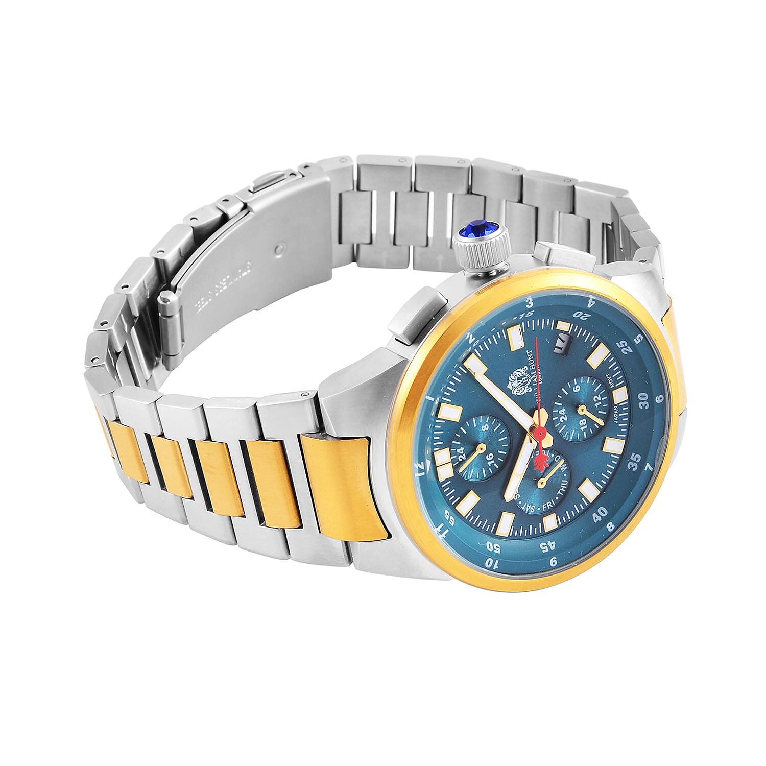 WILLIAM HUNT Multifunctional Quartz Miyota JP15 5ATM WR Teal Sunray Dial & Two-Tone Case Mens Watch with Two-Tone Stainless Steel Strap