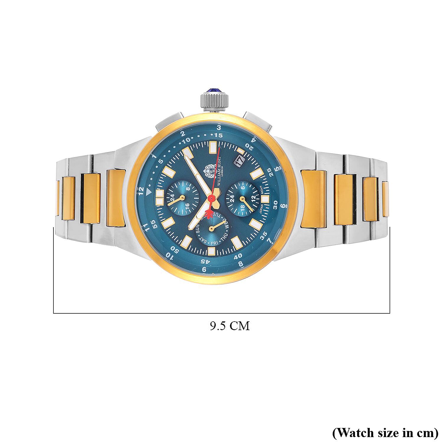 WILLIAM HUNT Multifunctional Quartz Miyota JP15 5ATM WR Teal Sunray Dial & Two-Tone Case Mens Watch with Two-Tone Stainless Steel Strap