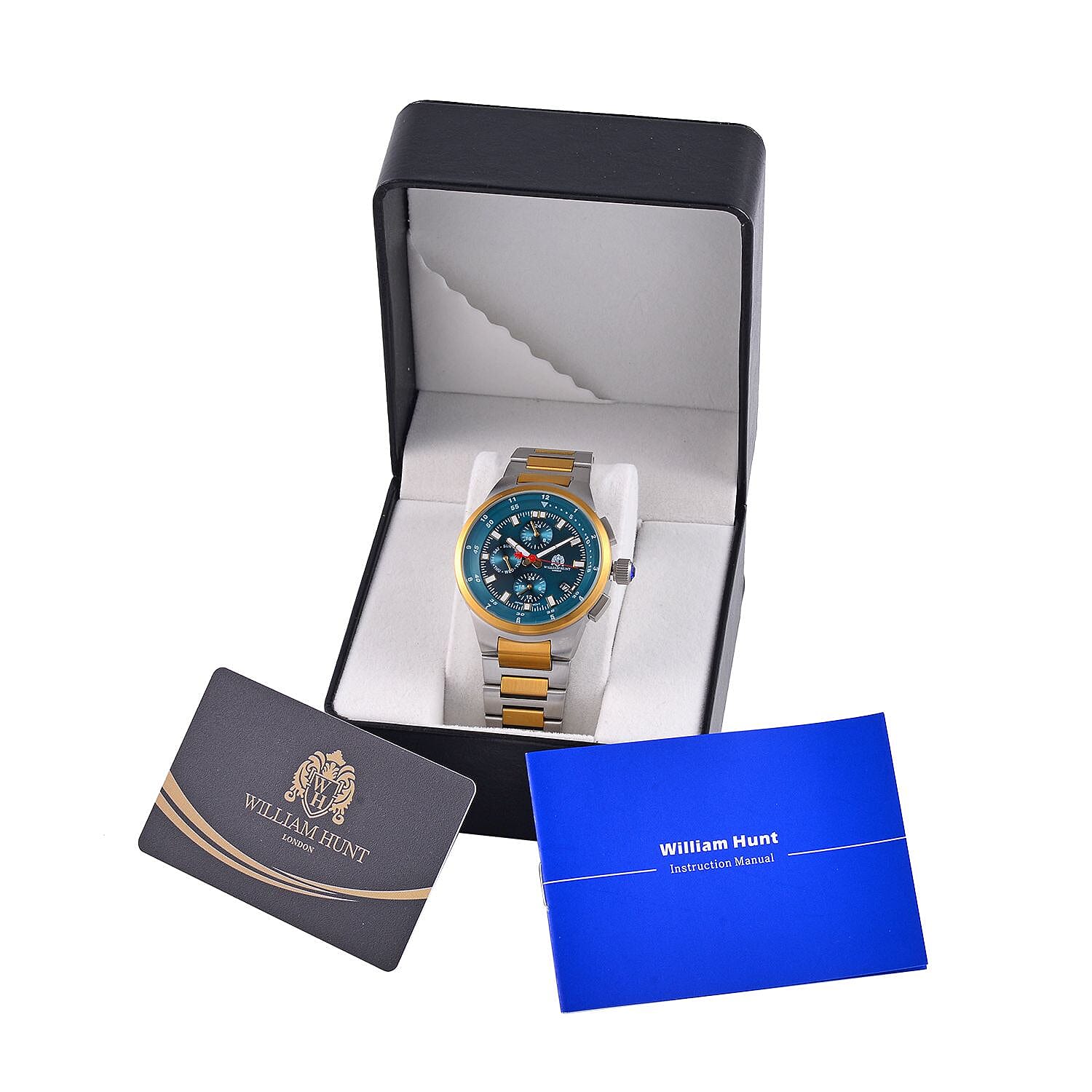 WILLIAM HUNT Multifunctional Quartz Miyota JP15 5ATM WR Teal Sunray Dial & Two-Tone Case Mens Watch with Two-Tone Stainless Steel Strap