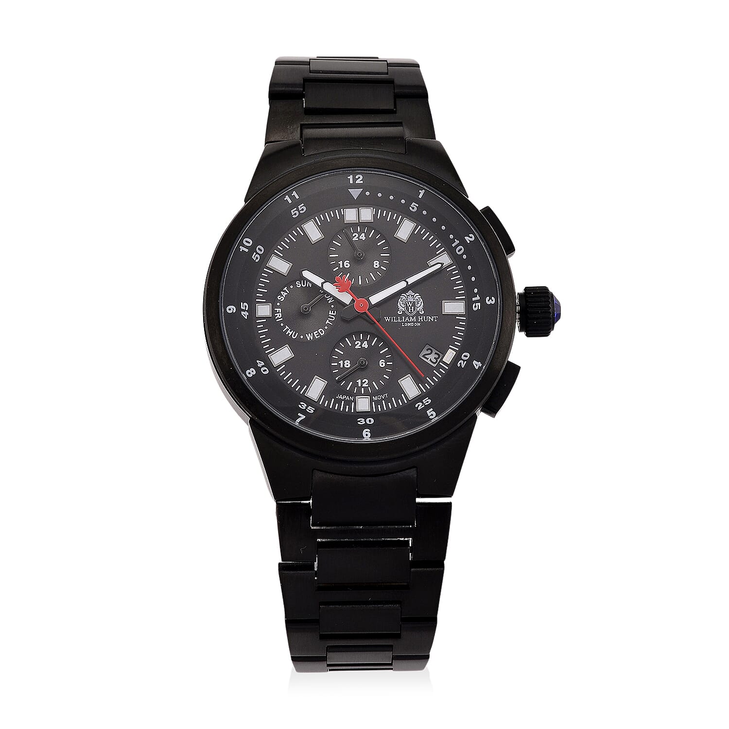 WILLIAM HUNT Multifunctional Quartz Miyota JP15 5ATM WR Black Sunray Dial & Black Case Mens Watch with Black Stainless Steel Strap