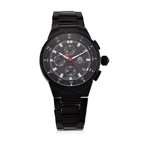 WILLIAM HUNT Multifunctional Quartz Miyota JP15 5ATM WR Black Sunray Dial & Black Case Mens Watch with Black Stainless Steel Strap