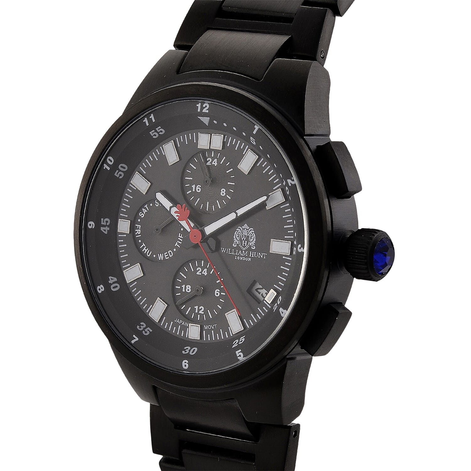 WILLIAM HUNT Multifunctional Quartz Miyota JP15 5ATM WR Black Sunray Dial & Black Case Mens Watch with Black Stainless Steel Strap