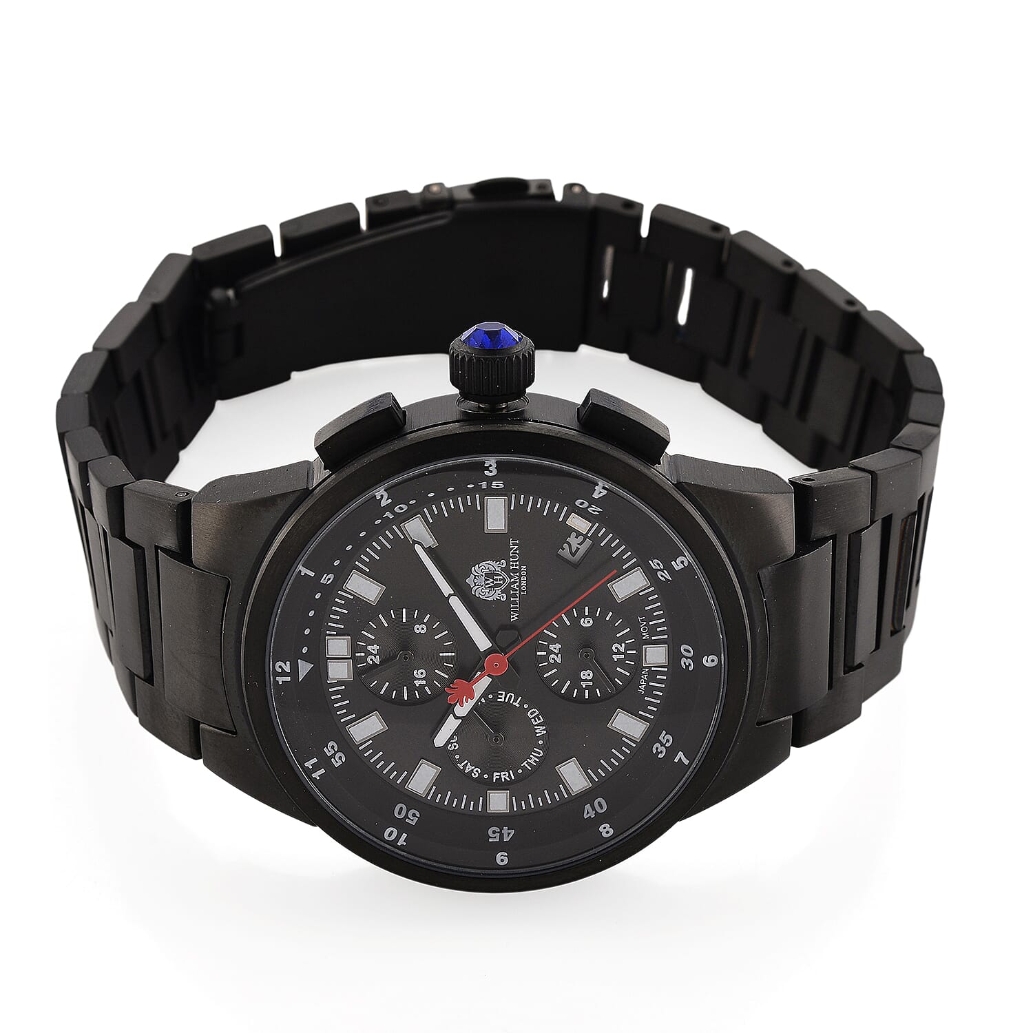 WILLIAM HUNT Multifunctional Quartz Miyota JP15 5ATM WR Black Sunray Dial & Black Case Mens Watch with Black Stainless Steel Strap