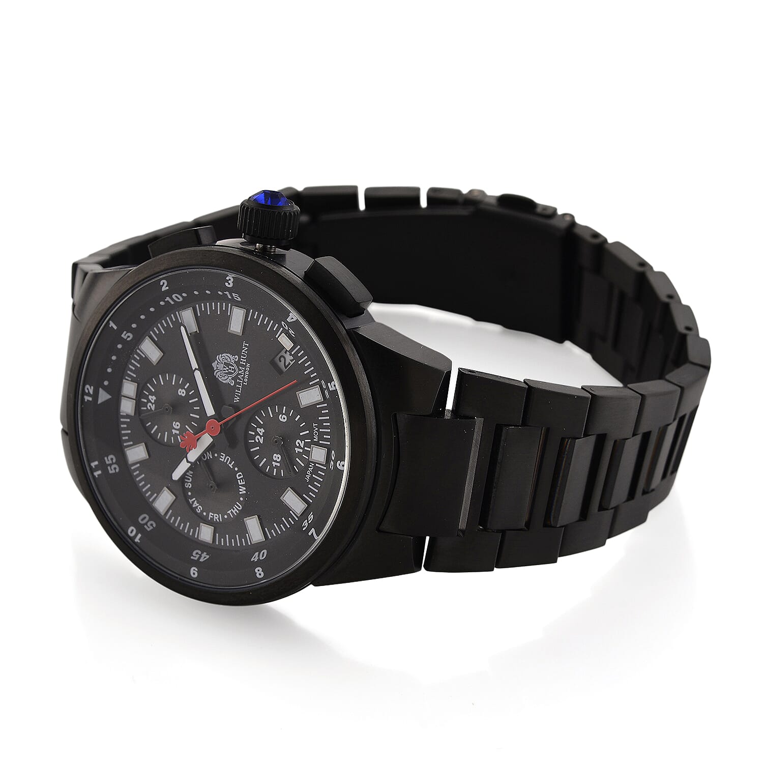 WILLIAM HUNT Multifunctional Quartz Miyota JP15 5ATM WR Black Sunray Dial & Black Case Mens Watch with Black Stainless Steel Strap