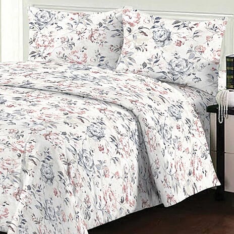 Pastel Floral Veins Print Duvet Cover Set With 2 Pillowcases & Fitted Sheet (Size Double) - Pink