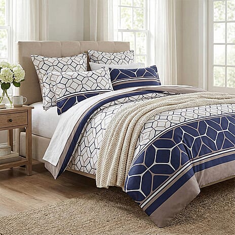 Geomatric Pattern Duvet Cover Set With 2 Pillowcases & Fitted Sheet (Size King) - Navy