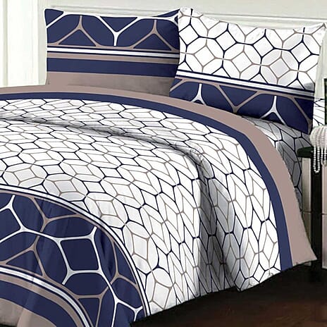 Geomatric Pattern Duvet Cover Set With 2 Pillowcases & Fitted Sheet (Size King) - Navy