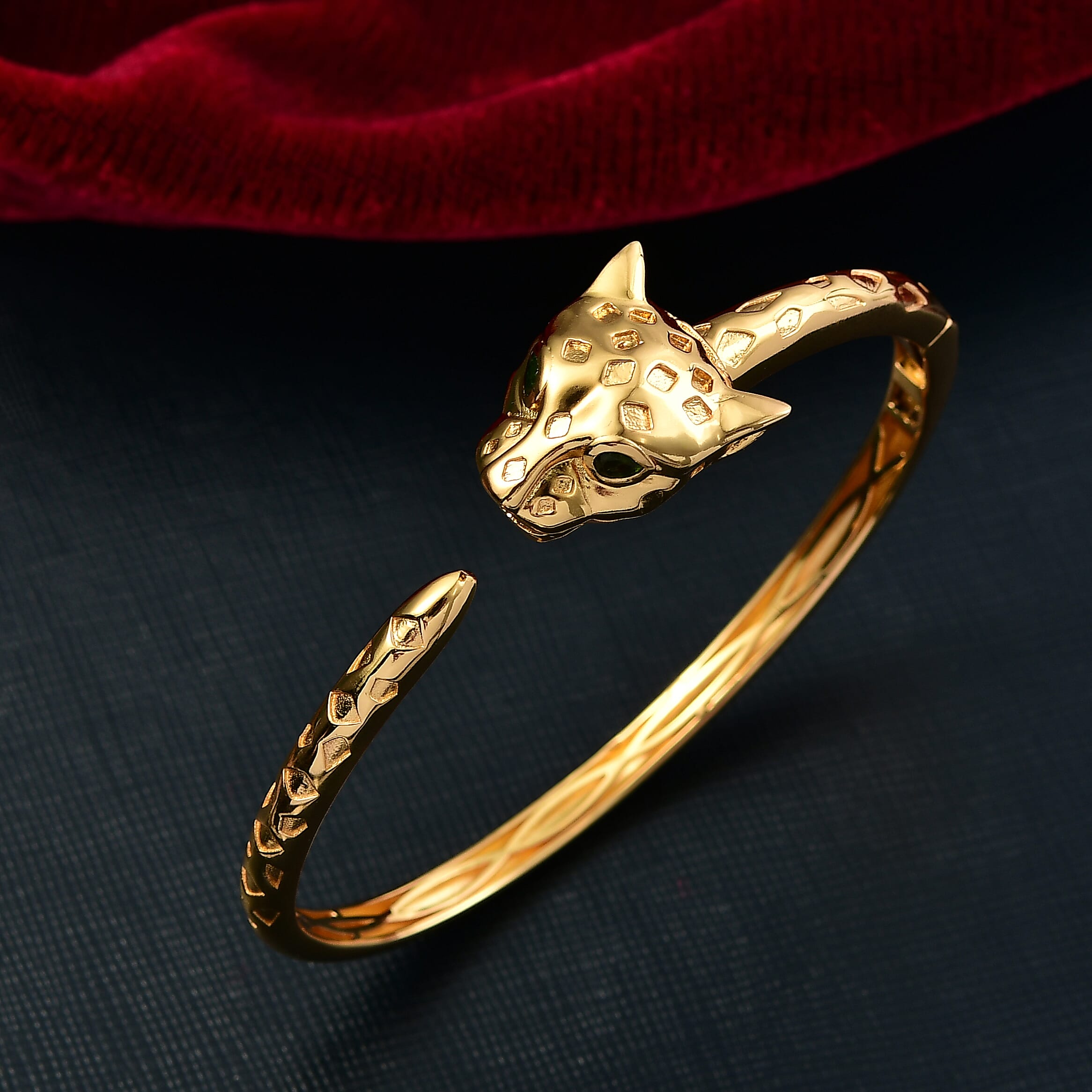 Designer Inspired - Panther Natural Chrome Diopside Full Bangle in Yellow Gold Plated