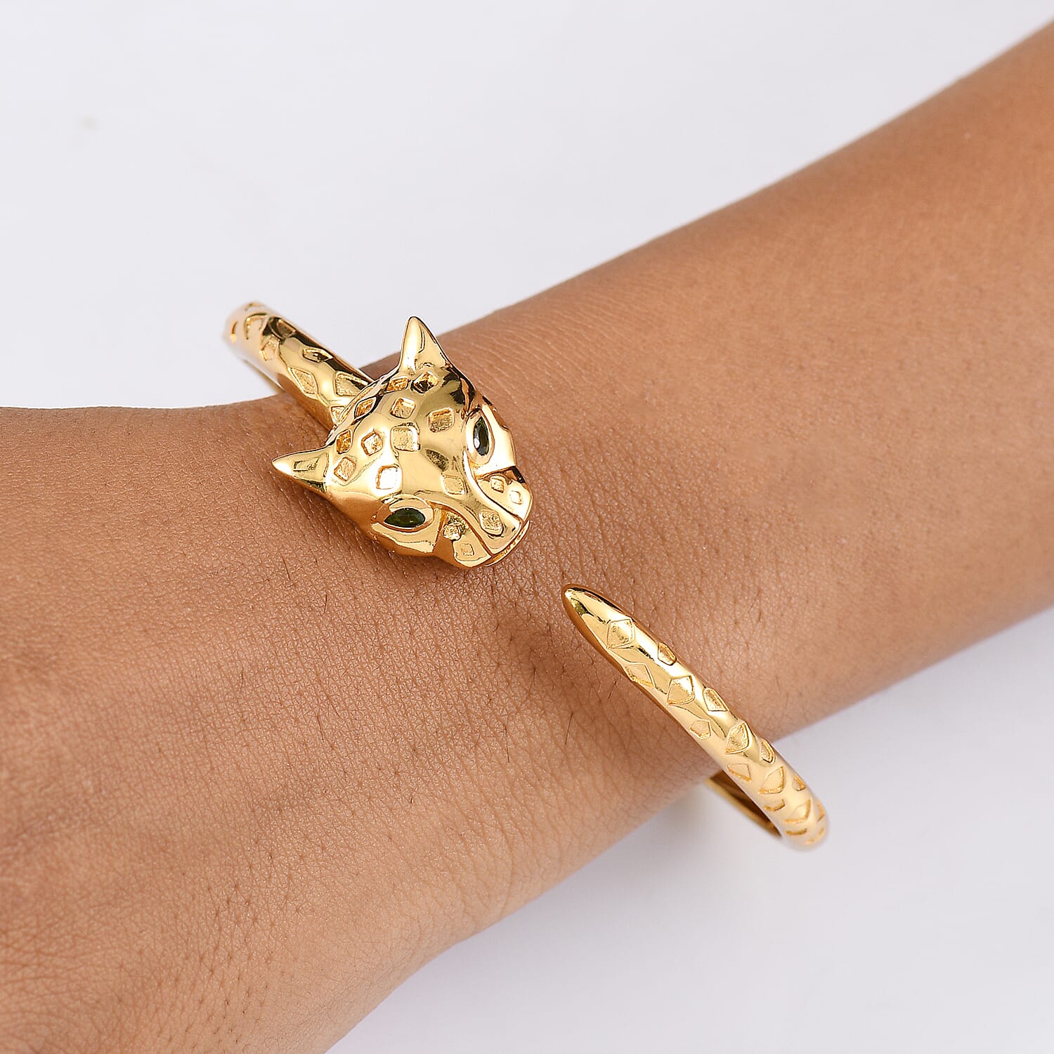 Designer Inspired - Panther Natural Chrome Diopside Full Bangle in Yellow Gold Plated