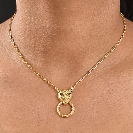 Designer Inspired - Panther Necklace (Size - 20) with Natural Chrome Diopside in Yellow Gold Plated