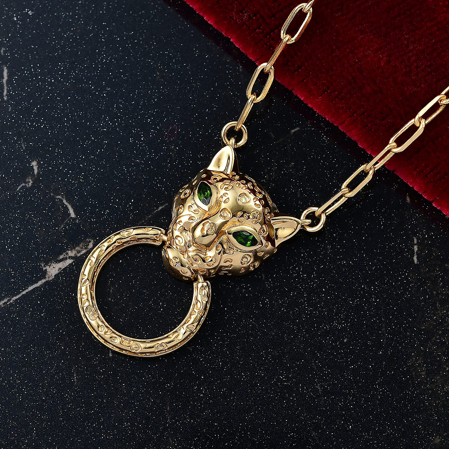 Designer Inspired - Panther Necklace (Size - 20) with Natural Chrome Diopside in Yellow Gold Plated