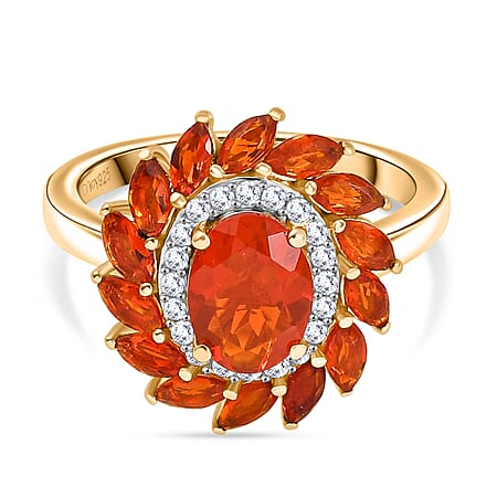 D'joy Crimson Fire Opal, White Zircon Halo Ring in 18K Vermeil Yellow Gold Overlay Sterling Silver 1.87 Ct.