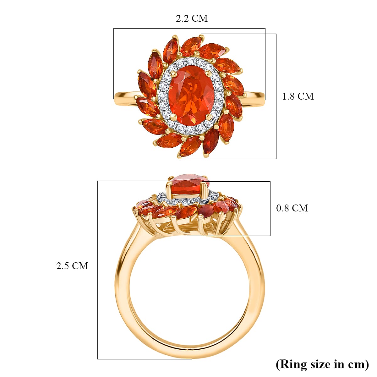 D'joy Crimson Fire Opal & White Zircon Ring in 18K Vermeil Yellow Gold Overlay Sterling Silver 1.87 Ct.