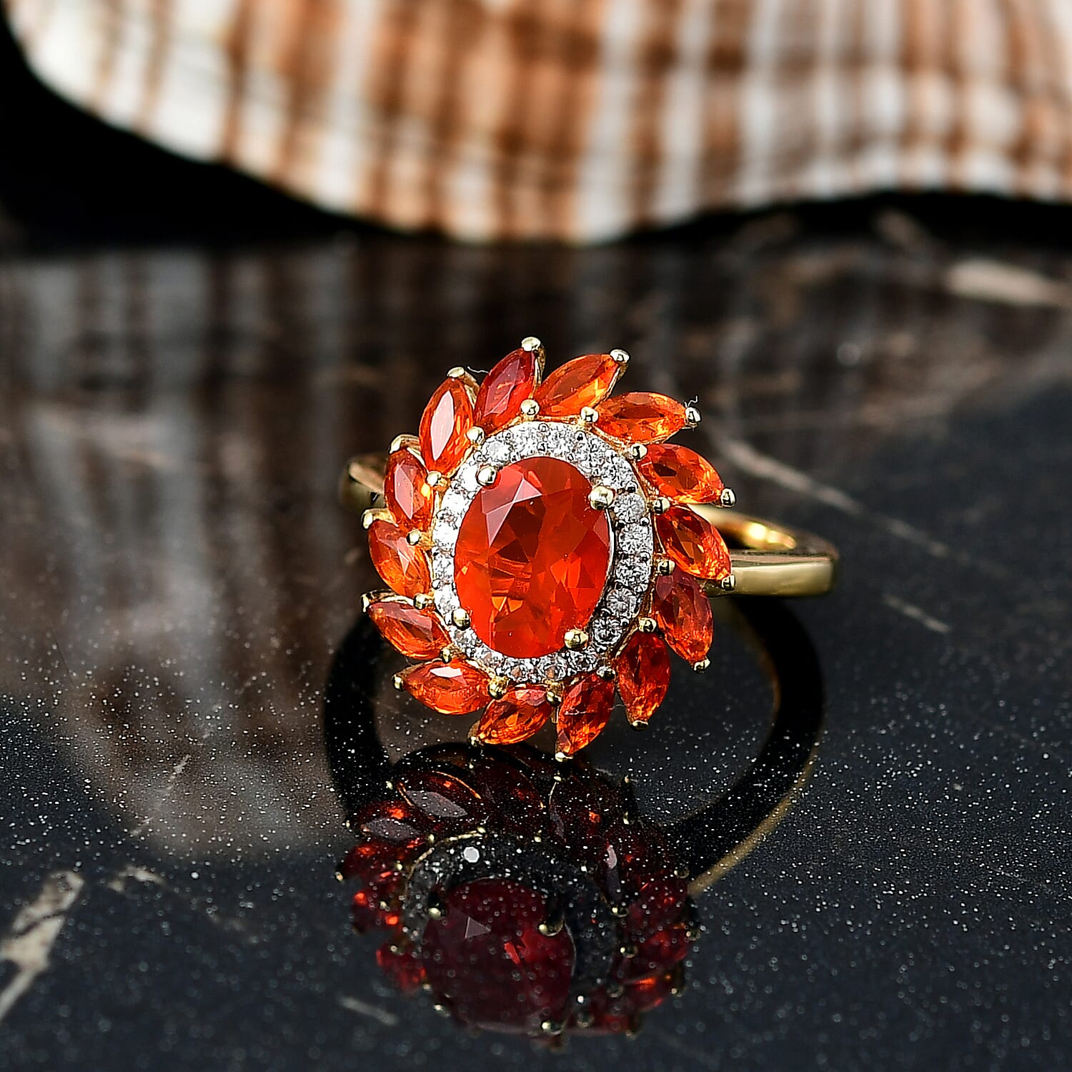 D'joy Crimson Fire Opal & White Zircon Ring in 18K Vermeil Yellow Gold Overlay Sterling Silver 1.87 Ct.