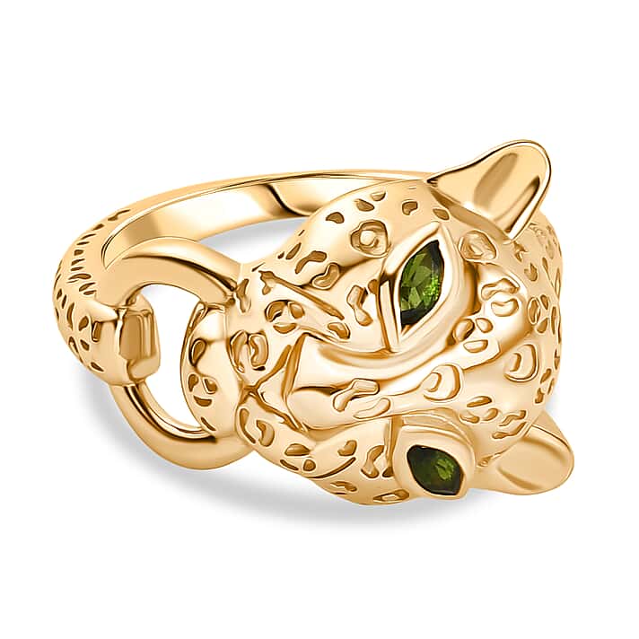 Designer Inspired - Natural Chrome Diopside Panther Ring in Yellow Gold Plated